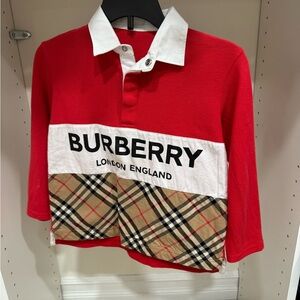 Burberry polo shirt for boys. Size is 6Y and the color is red and white.